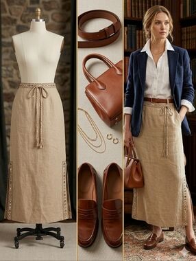 Boho Tan Maxi Skirt Size 6 — Embroidered Mirror Detail Natural Coastal Aesthetic